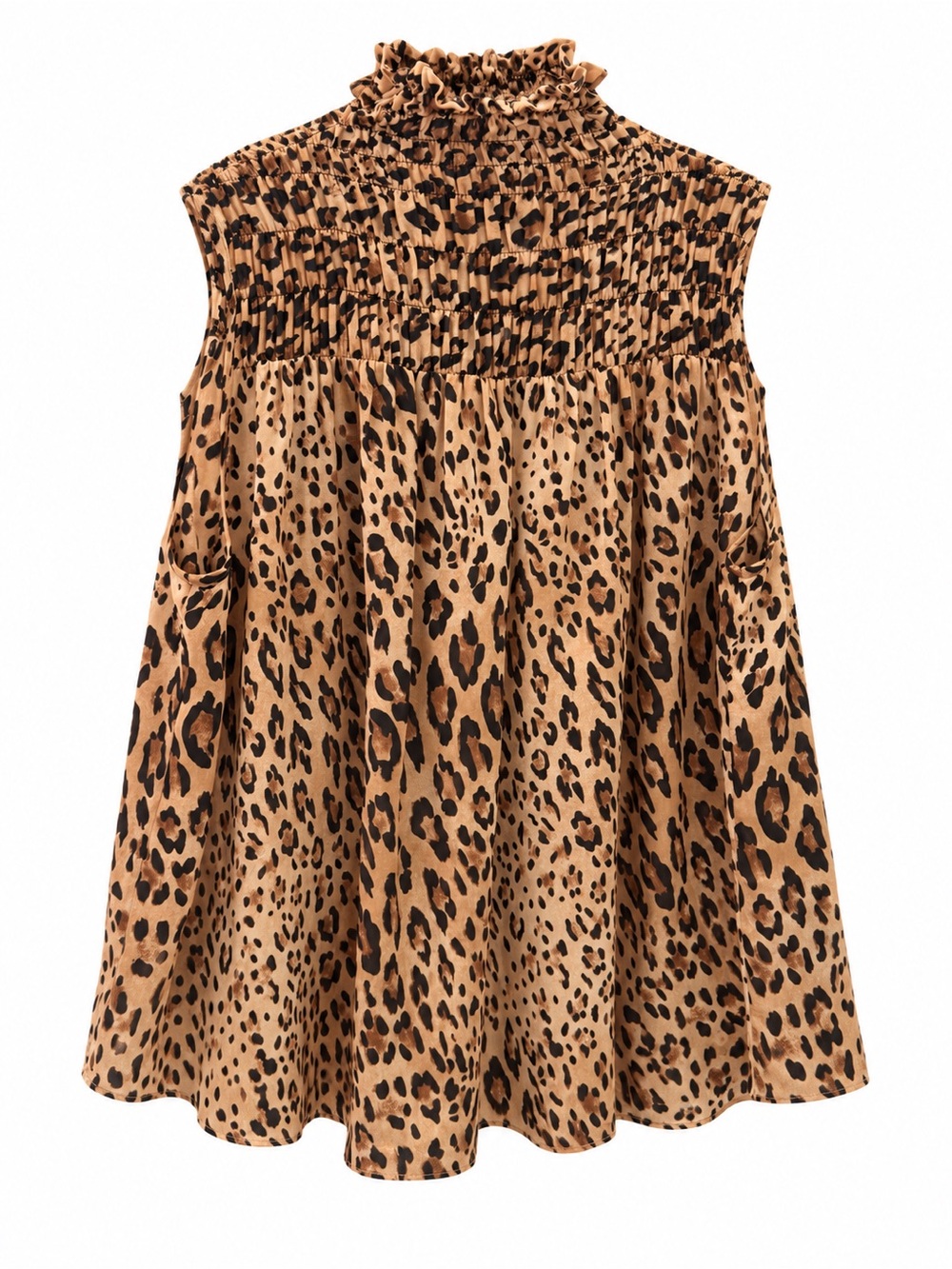 Frame Denim Leopard Smocked High Neck Tank - Tan & Black